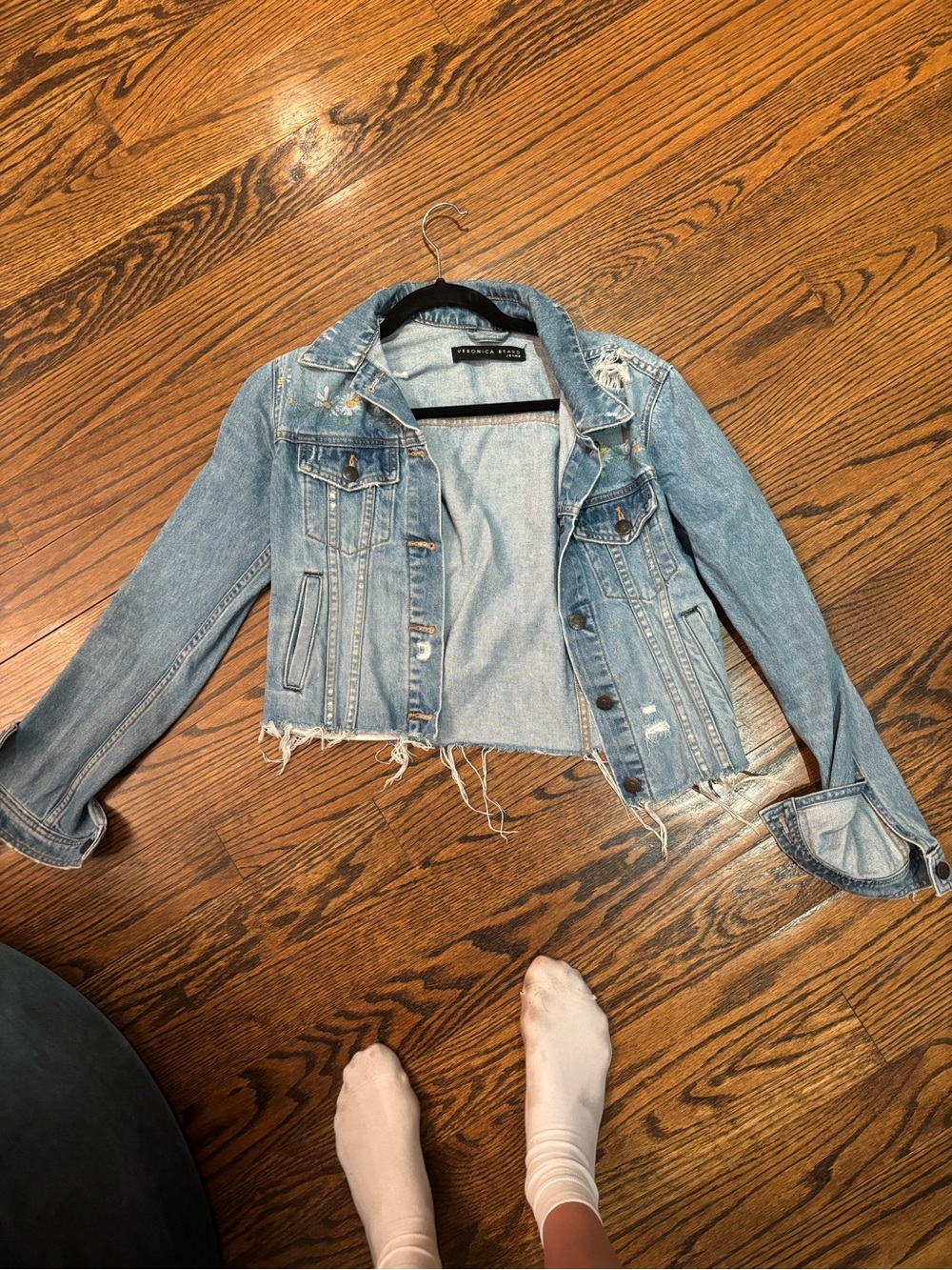 Veronica beard Light Blue Distressed Cropped Denim Jacket with floral detail